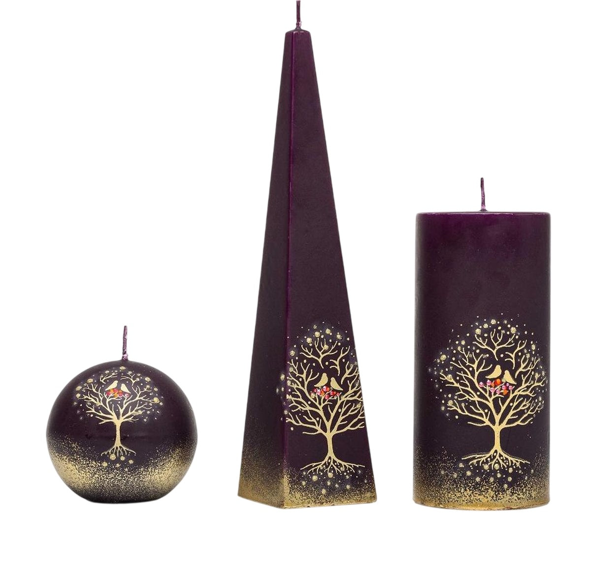 Kaarsenset aubergine met goudkleurige boom
