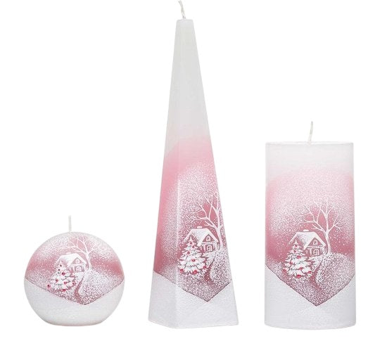 Kaarsenset oud roze met besneeuw huis
